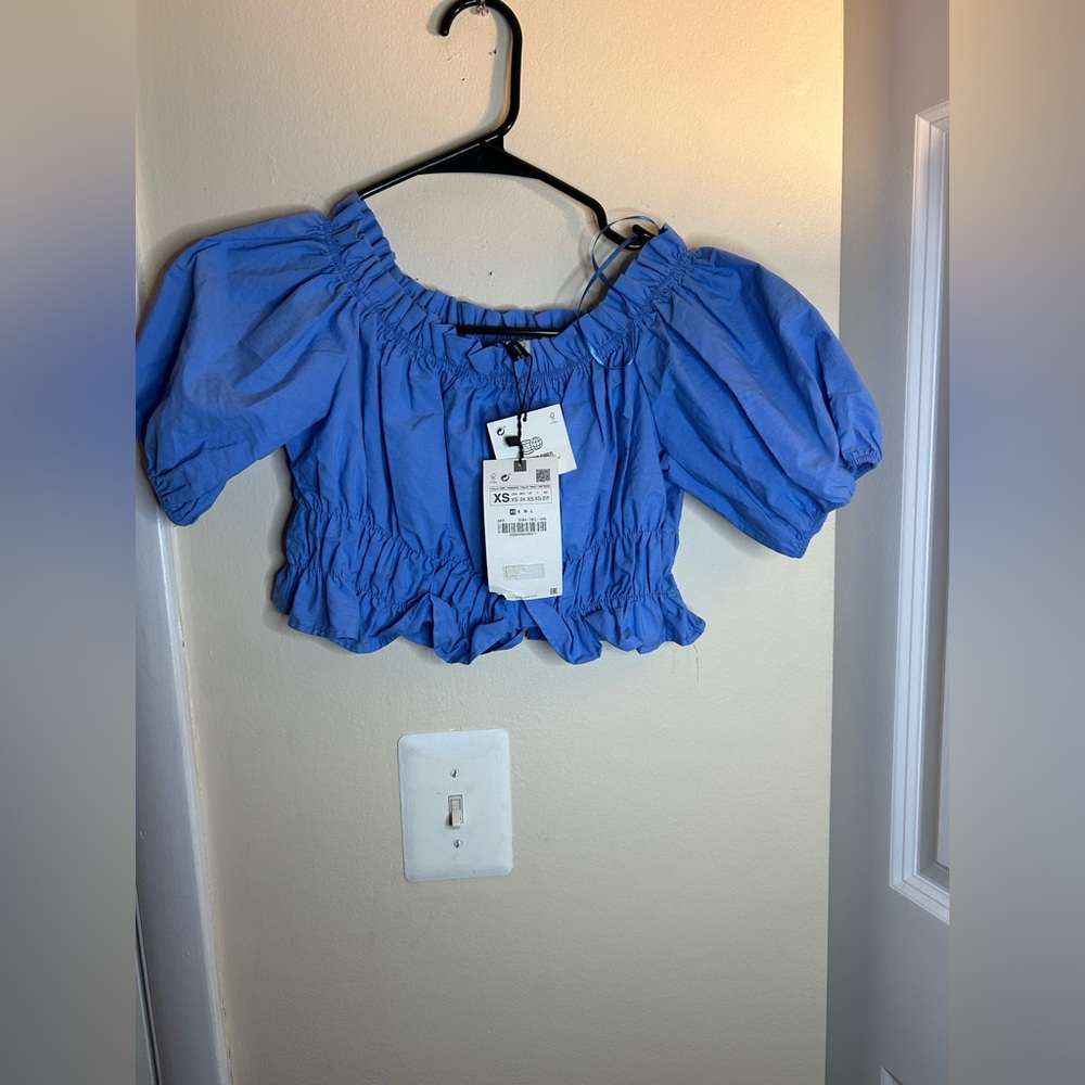 Zara Blue Puff Sleeve Crop Top